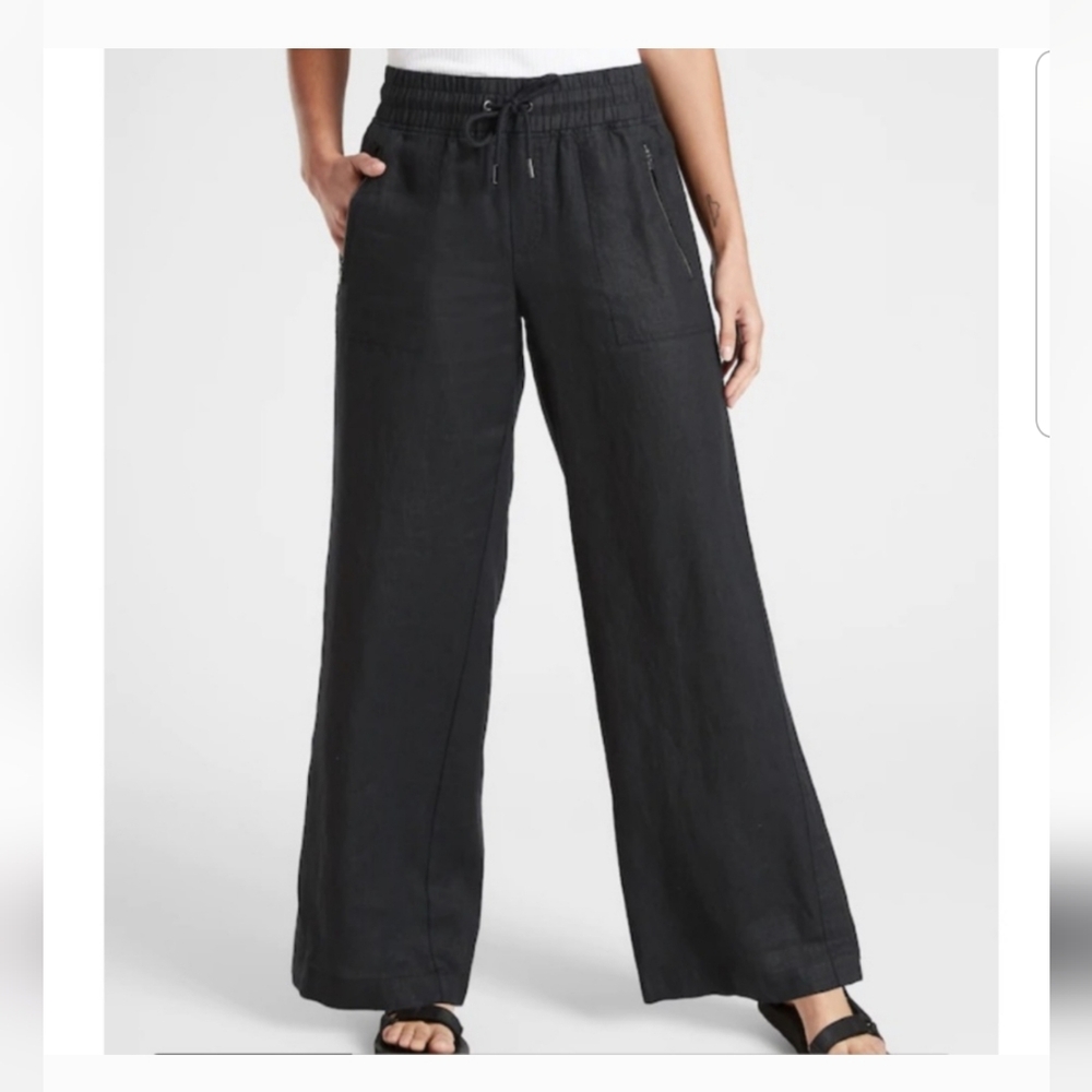 Athleta Cabo Linen Wide Leg Black Pant Size 12 NWT